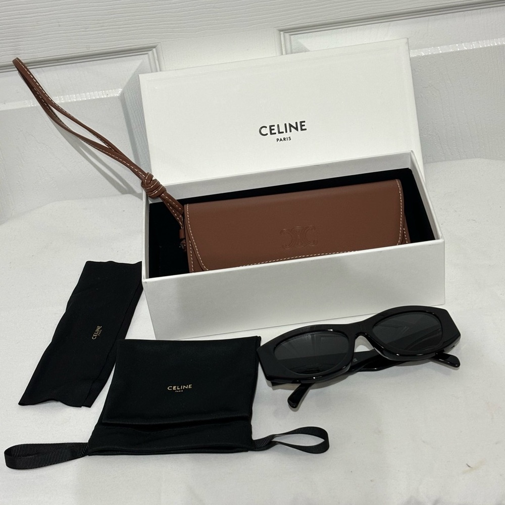 Celine  Triomphe Sunglass Brown Leather Sunglass Pouch with Wrist Strap and Box